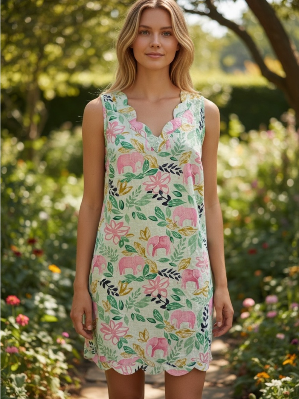crown & ivy Floral Print Dress in Navy Mint Pink Yellow Elephants Size 10 Cotton